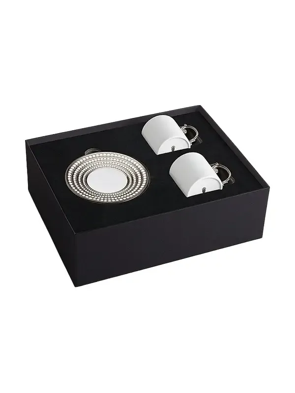 L'Objet Perlée 4-PIece Porcelain & Platinum Espresso Cup & Saucer Set - White Silver