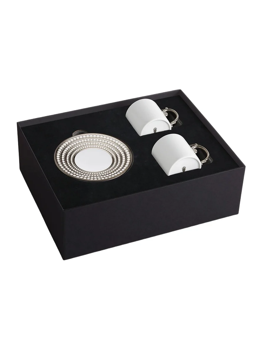 L'Objet Perlée 4-PIece Porcelain & Platinum Espresso Cup & Saucer Set - White Silver
