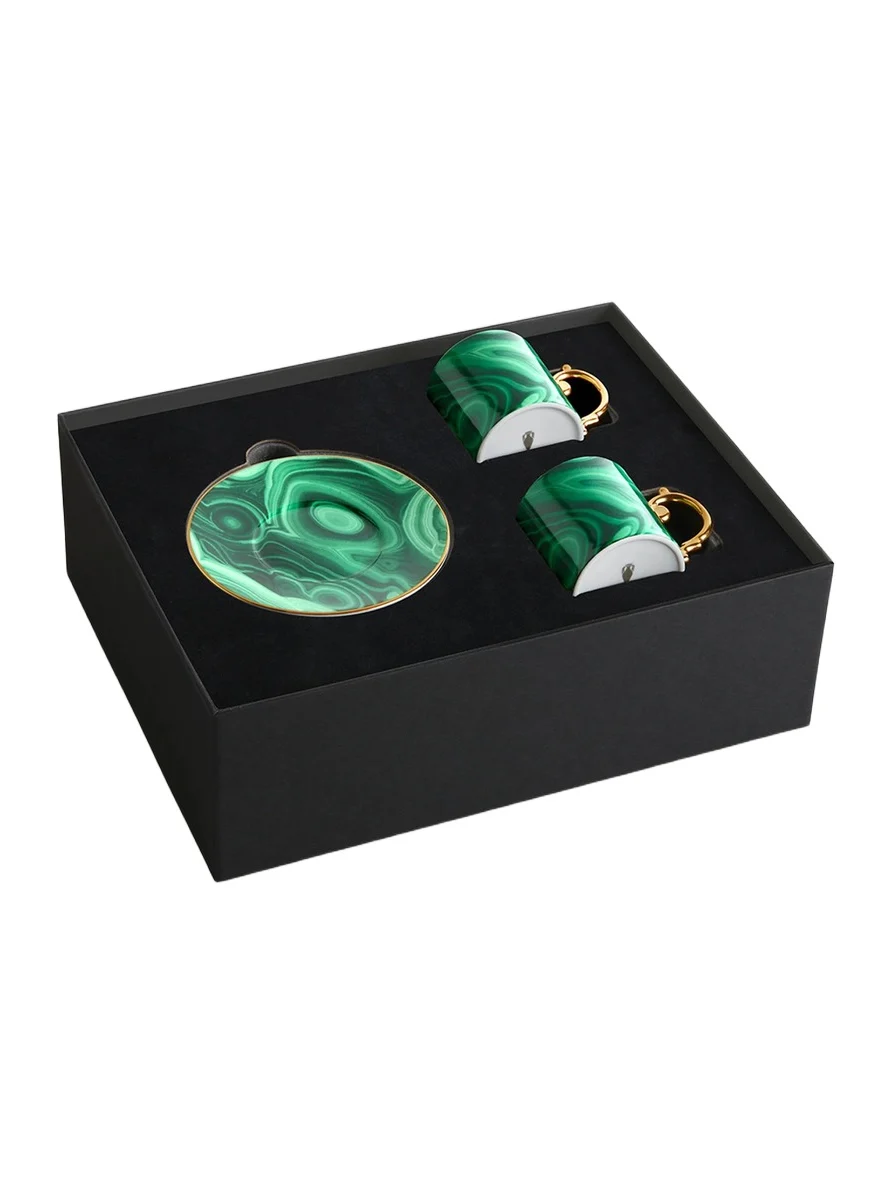 L'Objet Malachite 4-Piece Espresso Cup & Saucer Set - White Gold
