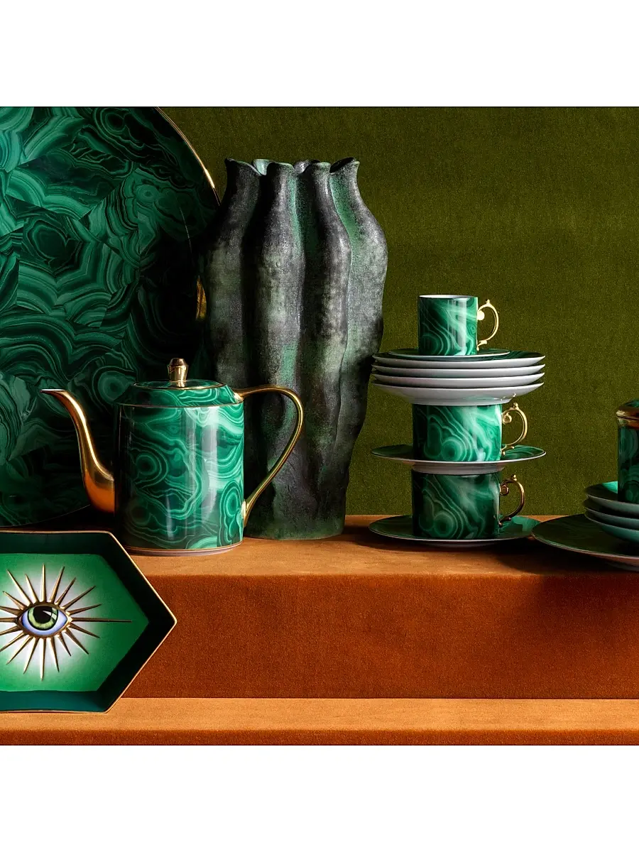 L'Objet Malachite 24K Gold-Trim Teacup & Saucer 4-Piece Set | Thumbnail 2