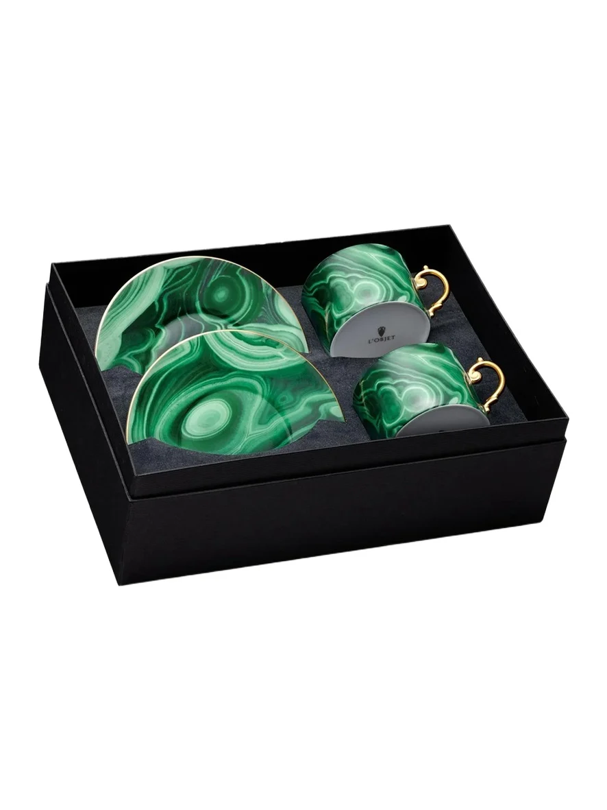 L'Objet Malachite 24K Gold-Trim Teacup & Saucer 4-Piece Set