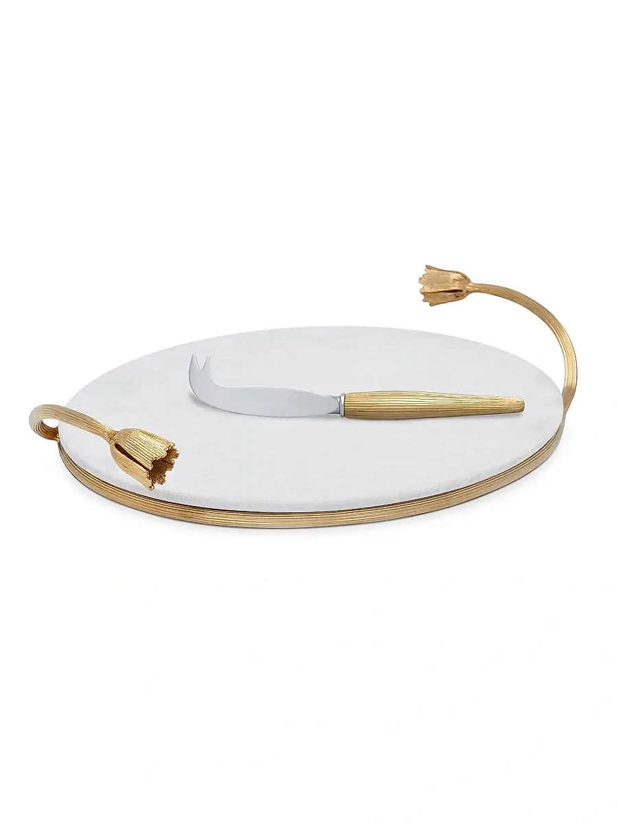 L'Objet ​Deco Leaves Cheese and Knife Marble Set