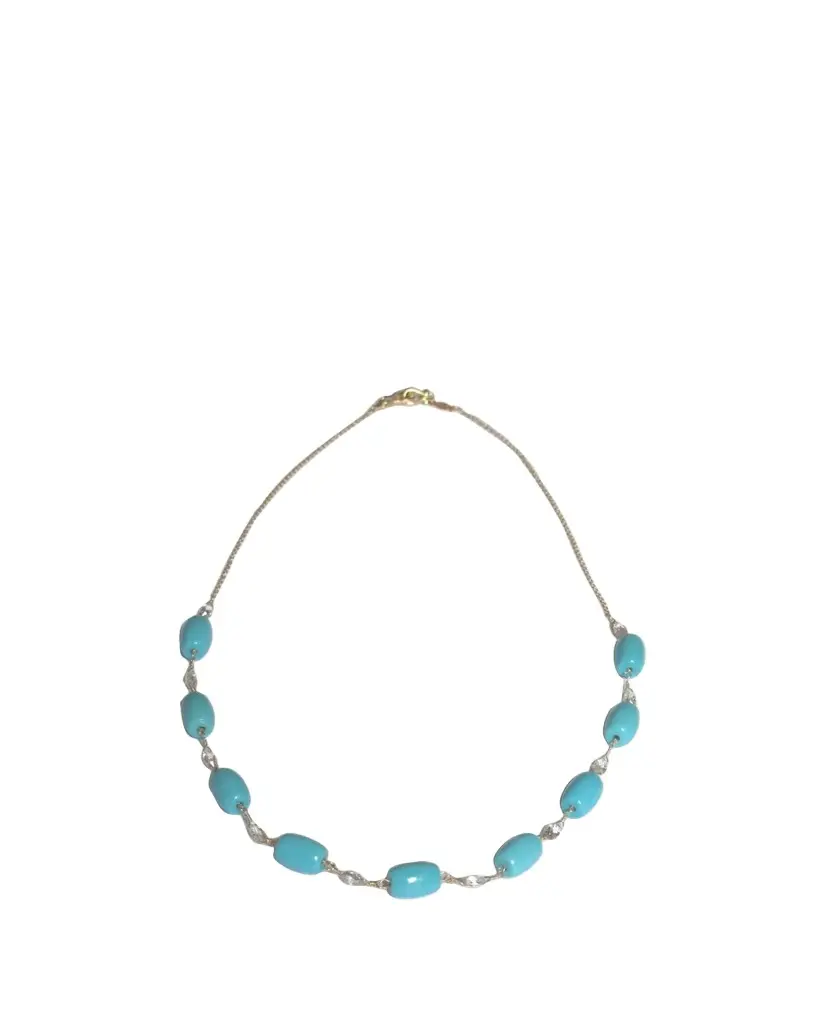 18K Yellow Gold Diamond Briolette and Turquoise Necklace, 36"L