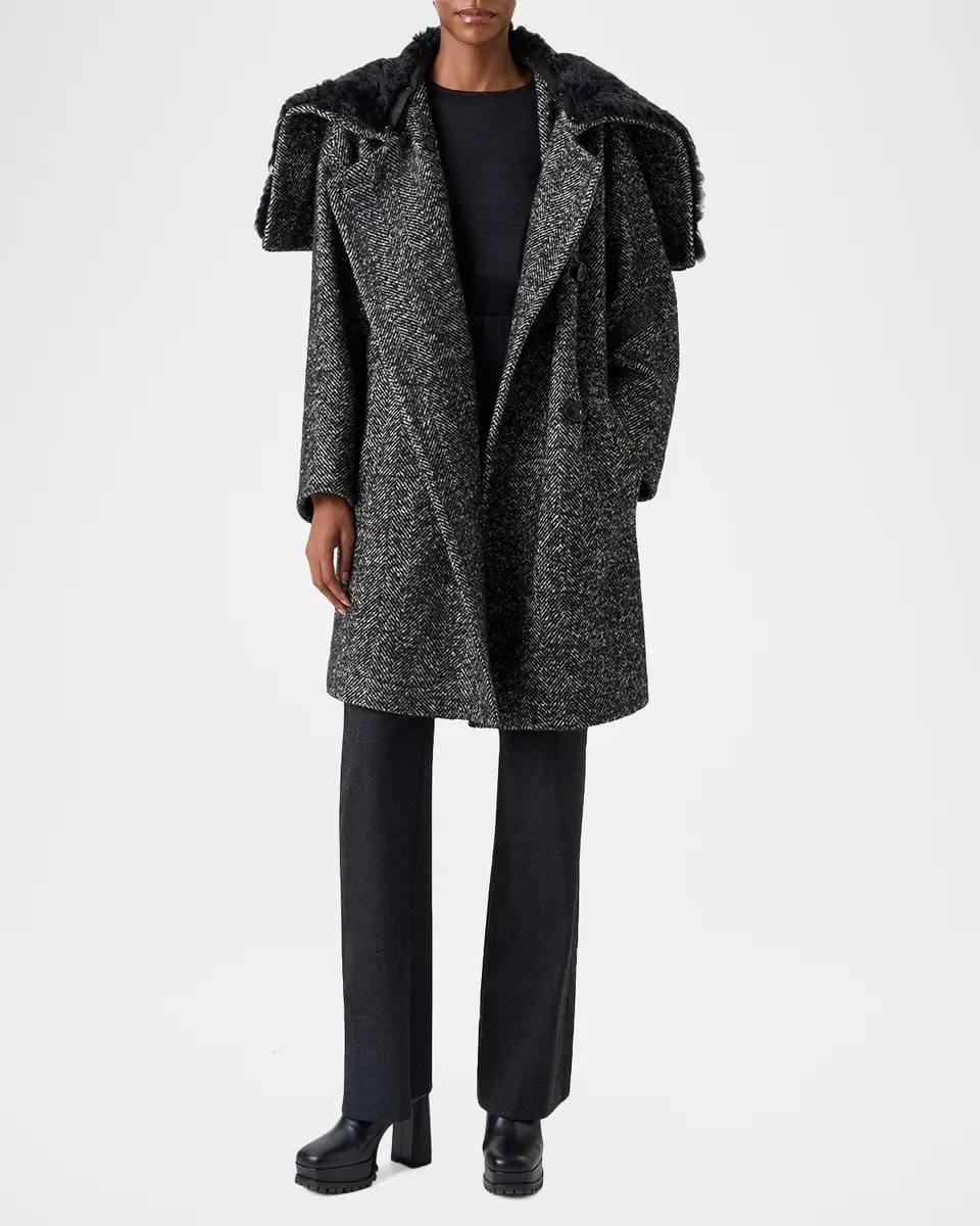 Akris Lamb Shearling Collar Double-Breasted Wool Herringbone Coat | Thumbnail 2