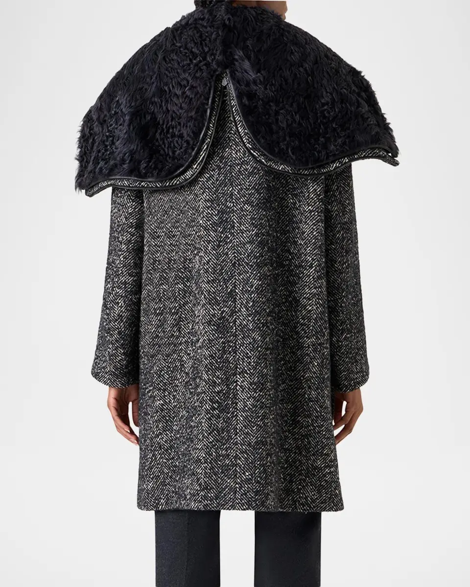 Akris Lamb Shearling Collar Double-Breasted Wool Herringbone Coat | Thumbnail 3