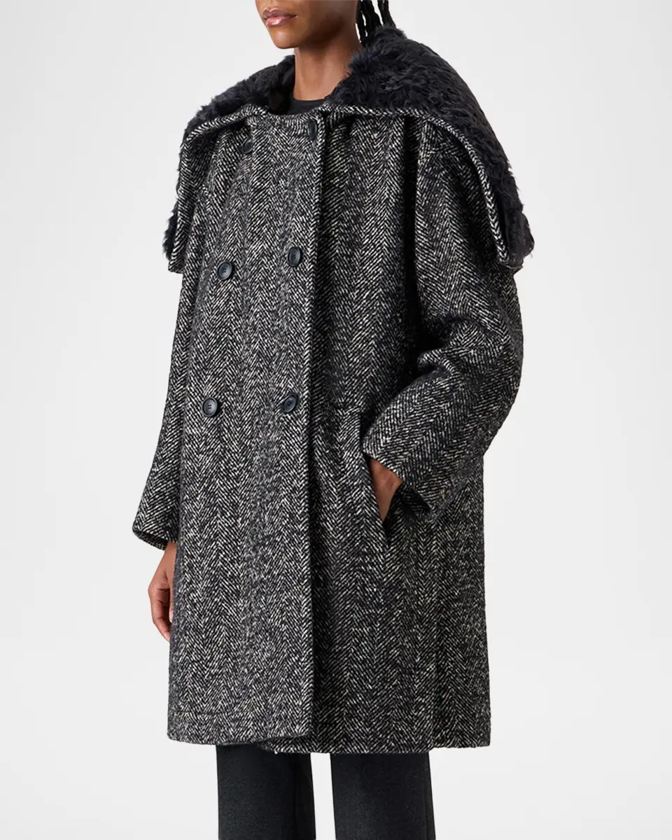 Akris Lamb Shearling Collar Double-Breasted Wool Herringbone Coat | Thumbnail 4