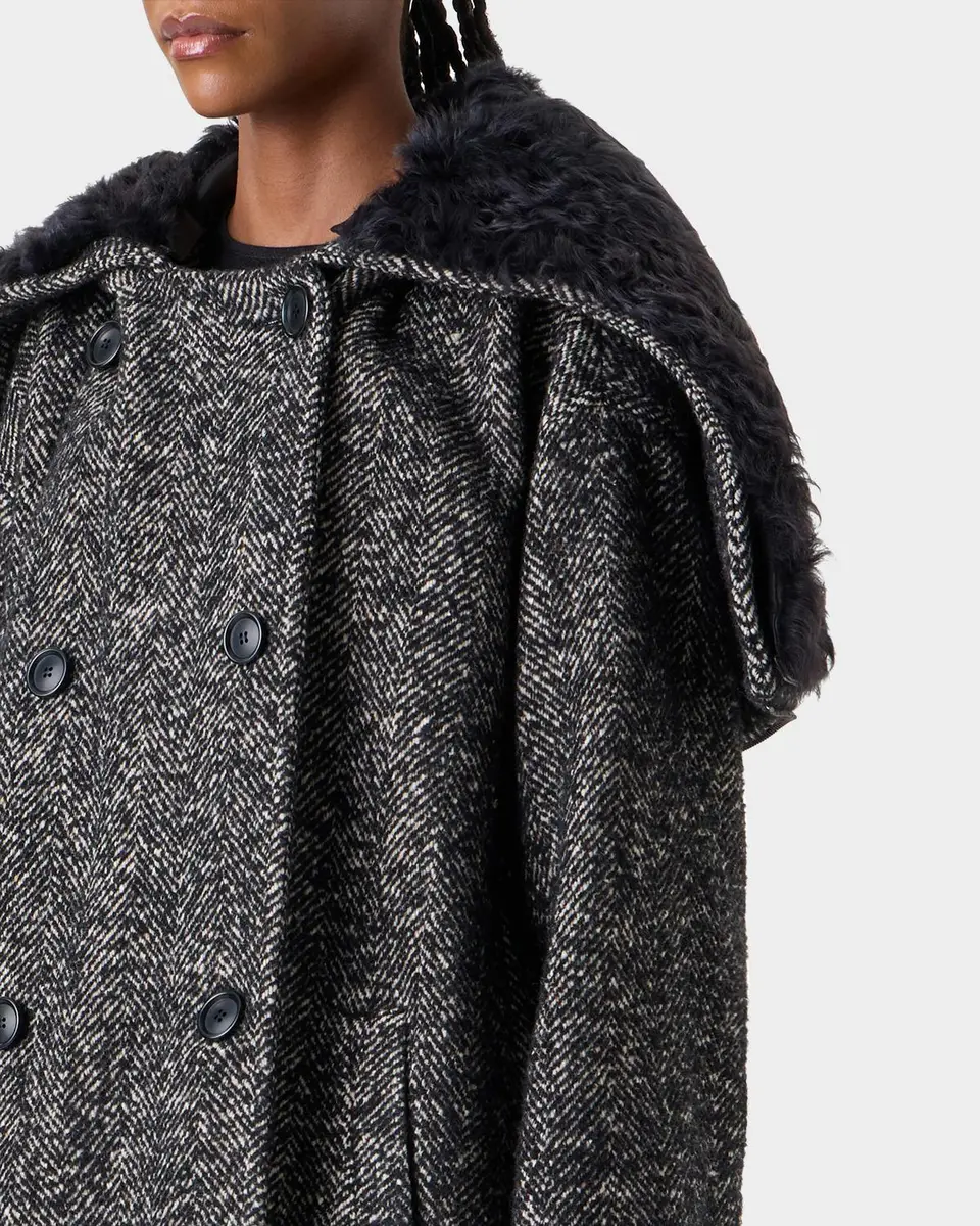 Akris Lamb Shearling Collar Double-Breasted Wool Herringbone Coat | Thumbnail 5