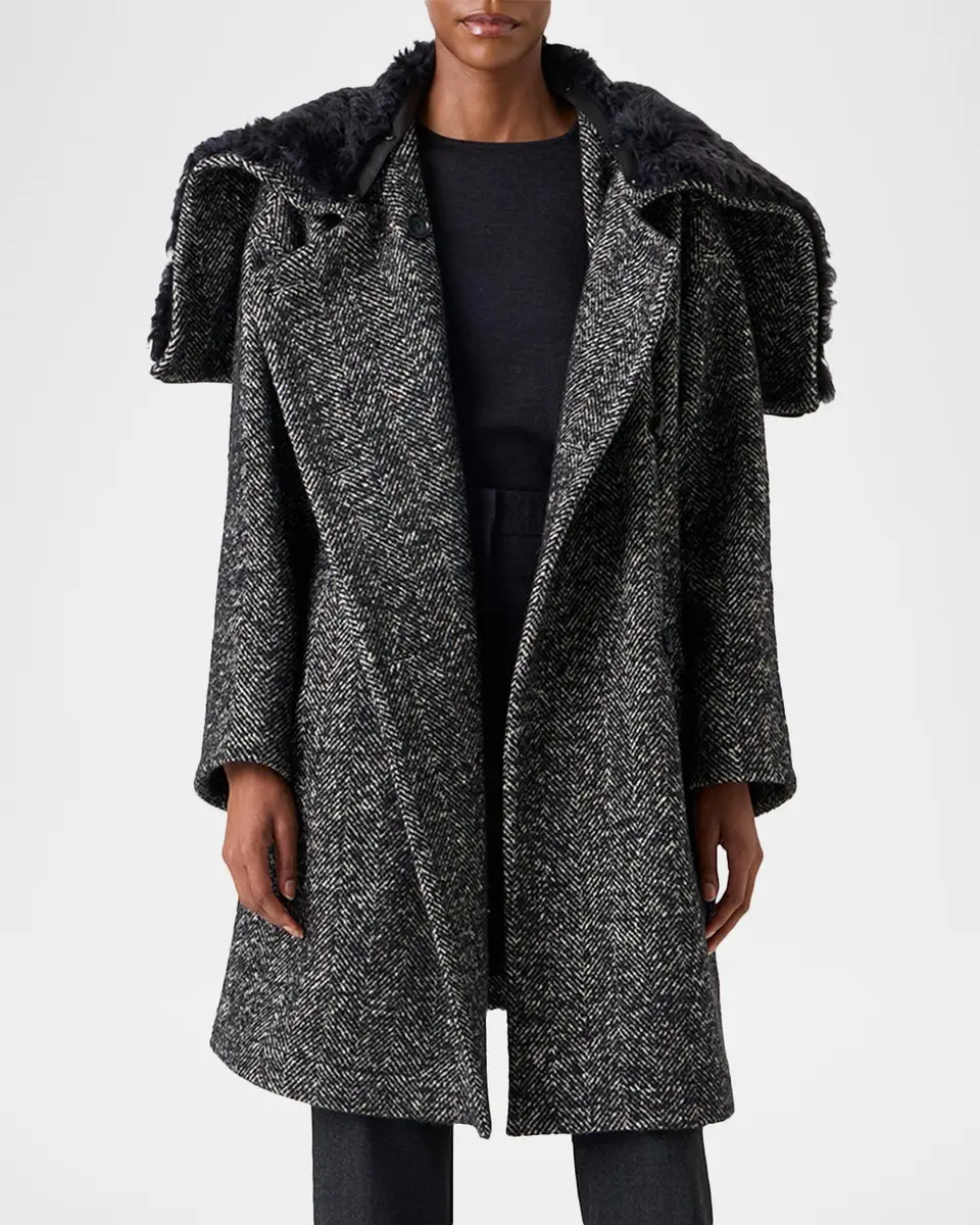 Akris Lamb Shearling Collar Double-Breasted Wool Herringbone Coat | Thumbnail 6