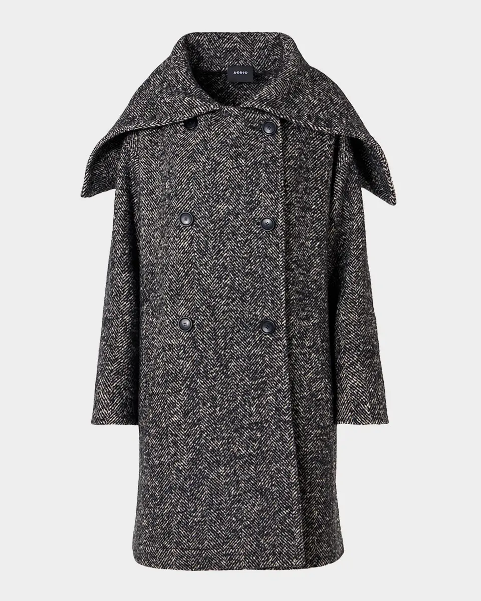 Akris Lamb Shearling Collar Double-Breasted Wool Herringbone Coat | Thumbnail 7