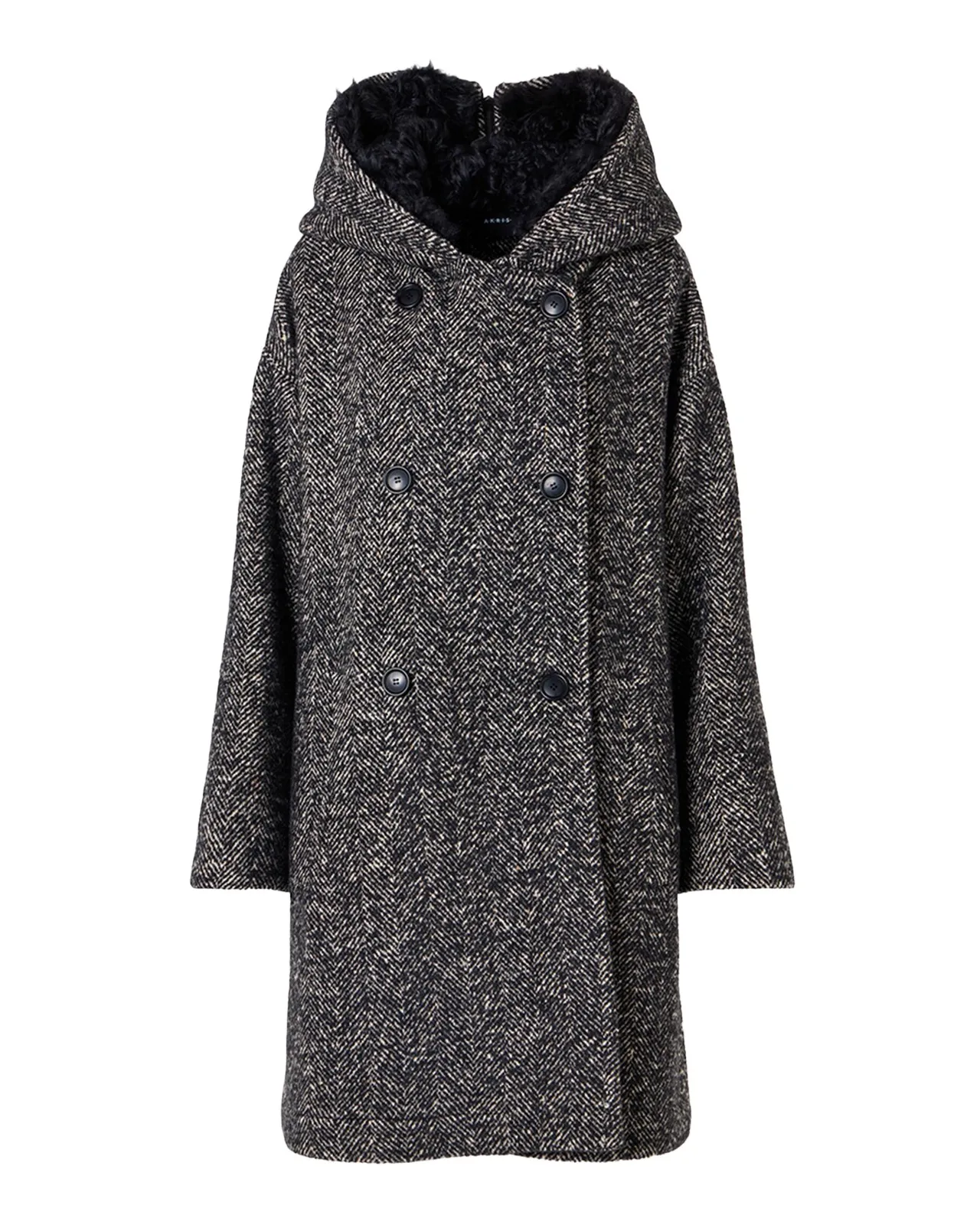 Akris Lamb Shearling Collar Double-Breasted Wool Herringbone Coat