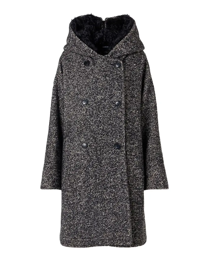 Akris Lamb Shearling Collar Double-Breasted Wool Herringbone Coat