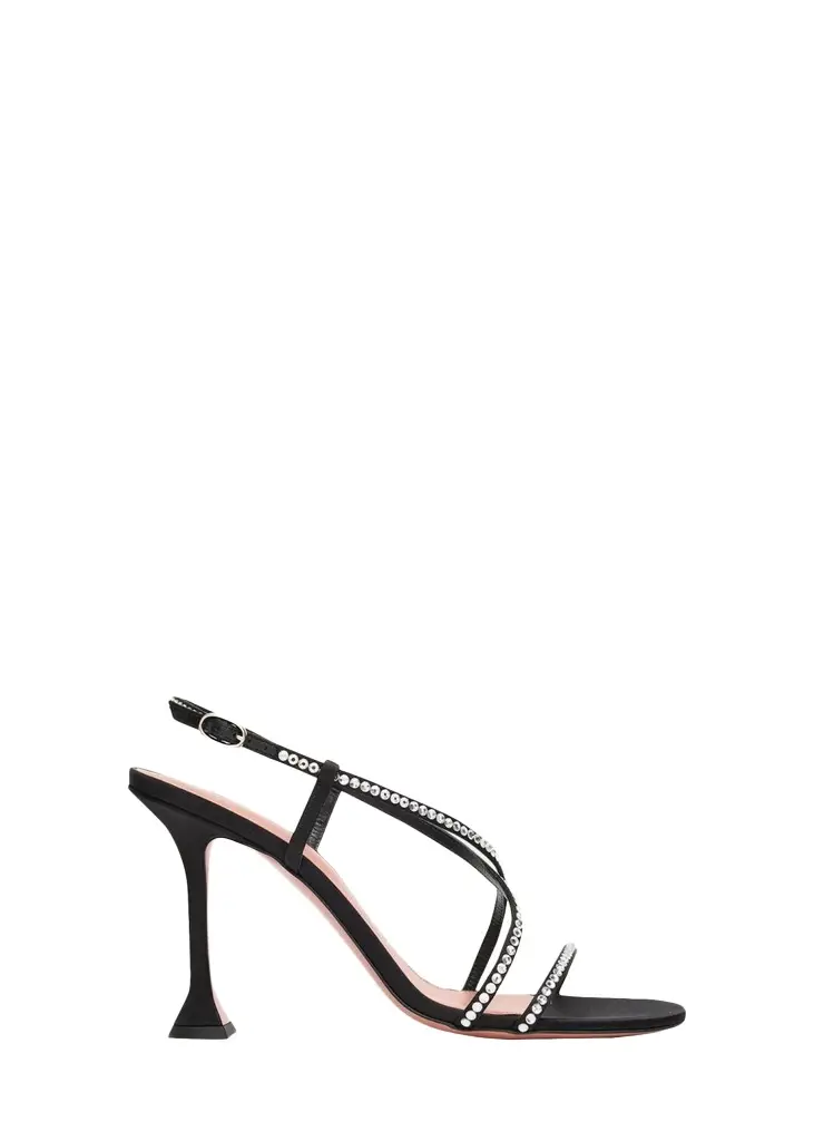 Amina Muaddi 95mm Crystal Satin Strappy Sandals | Image 1 Amina Muaddi 95mm Crystal Satin Strappy Sandals | Image 1