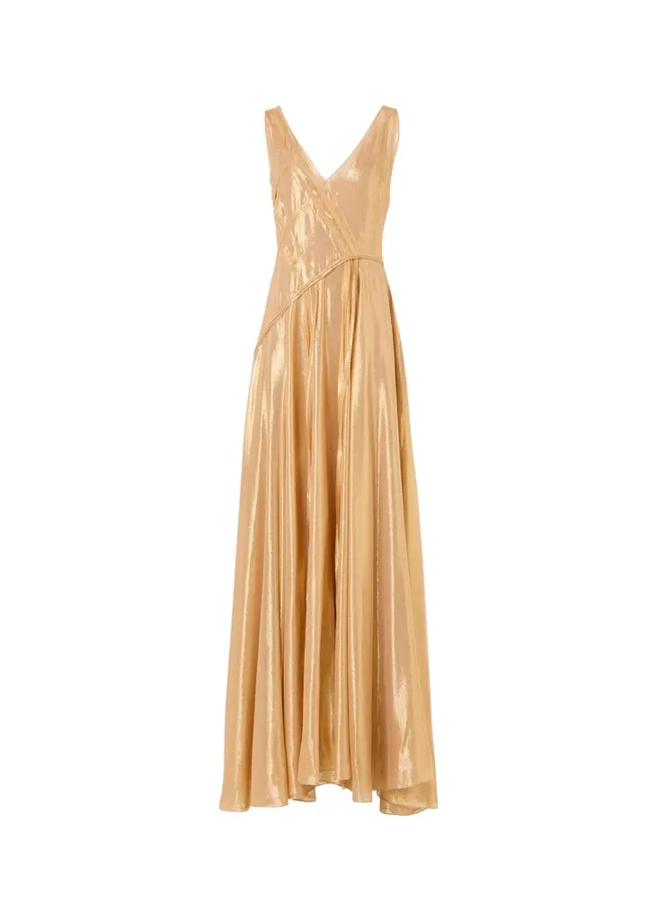 Akris Sleeveless Asymmetric Paneled Lamé Silk Gown