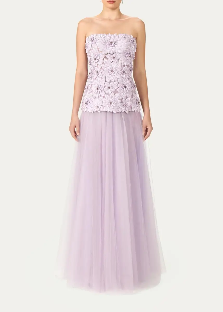 Costarellos Gisella Petal Embellished Strapless Drop-Waist Tulle Gown | Thumbnail 2 Costarellos Gisella Petal Embellished Strapless Drop-Waist Tulle Gown | Thumbnail 2