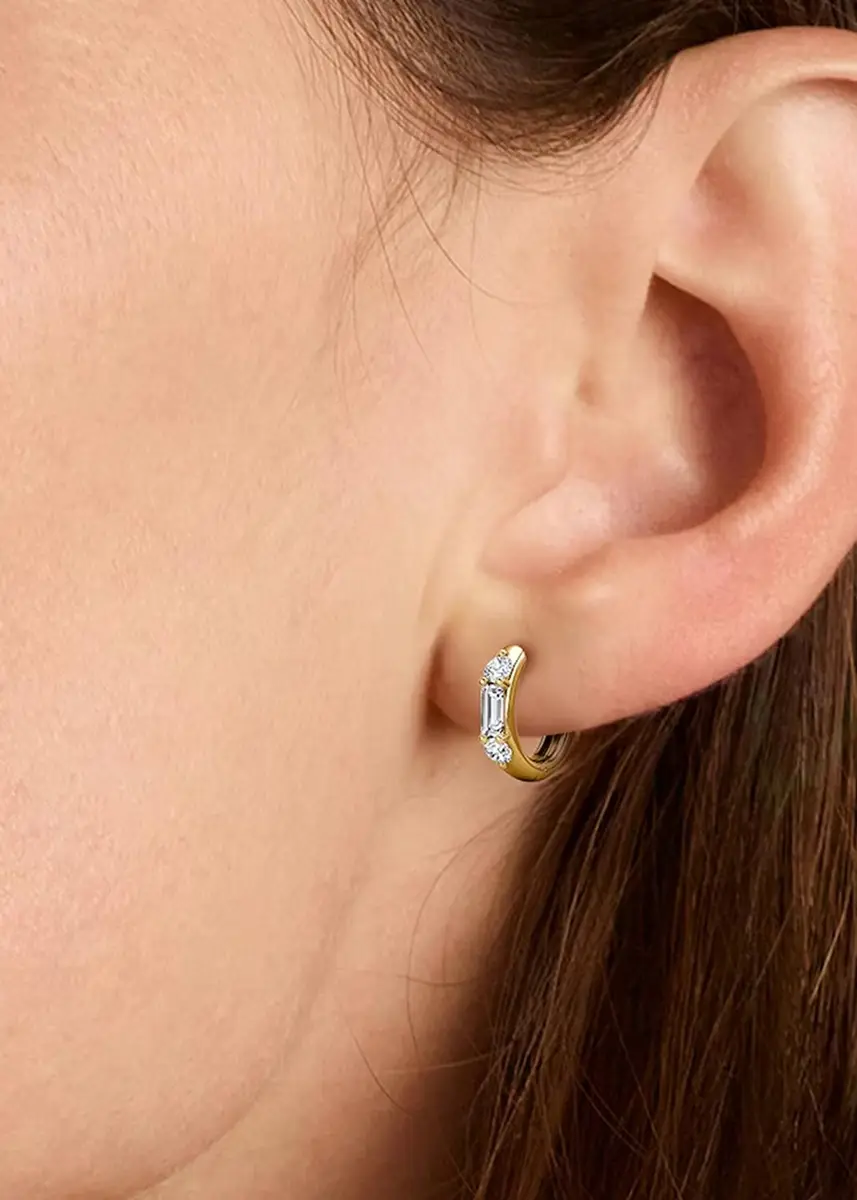 VRAI 14K Yellow Gold Lab-Grown Diamond 3-Stone Huggie Earrings | Thumbnail 2 VRAI 14K Yellow Gold Lab-Grown Diamond 3-Stone Huggie Earrings | Thumbnail 2