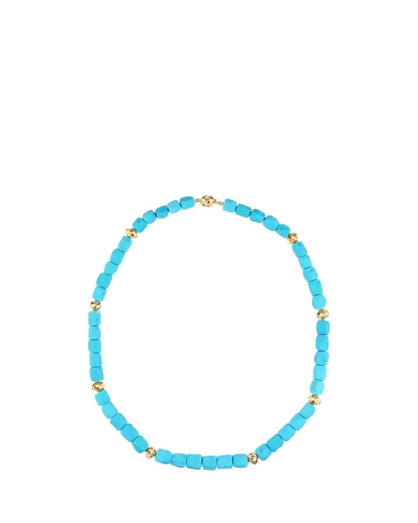 18K Yellow Gold Turquoise Cube Necklace with Diamonds and Rubies