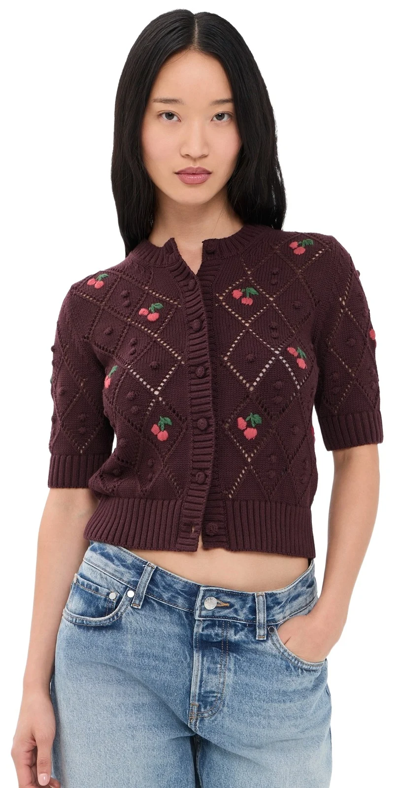 Embroidered Bauble Pointelle Stitch Cardigan Embroidered Bauble Pointelle Stitch Cardigan