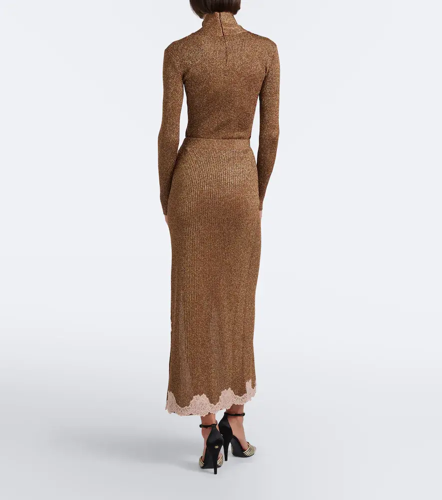 Valentino Garavani Lace-trimmed ribbed-knit lamé midi skirt | Thumbnail 2 Valentino Garavani Lace-trimmed ribbed-knit lamé midi skirt | Thumbnail 2