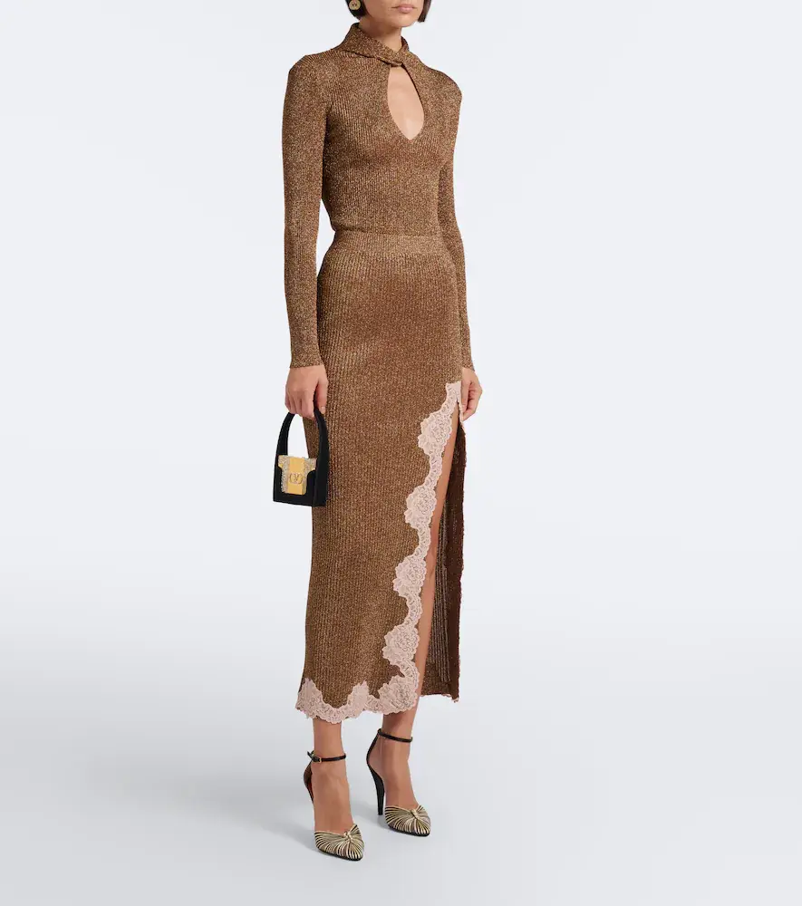 Valentino Garavani Lace-trimmed ribbed-knit lamé midi skirt | Thumbnail 6 Valentino Garavani Lace-trimmed ribbed-knit lamé midi skirt | Thumbnail 6