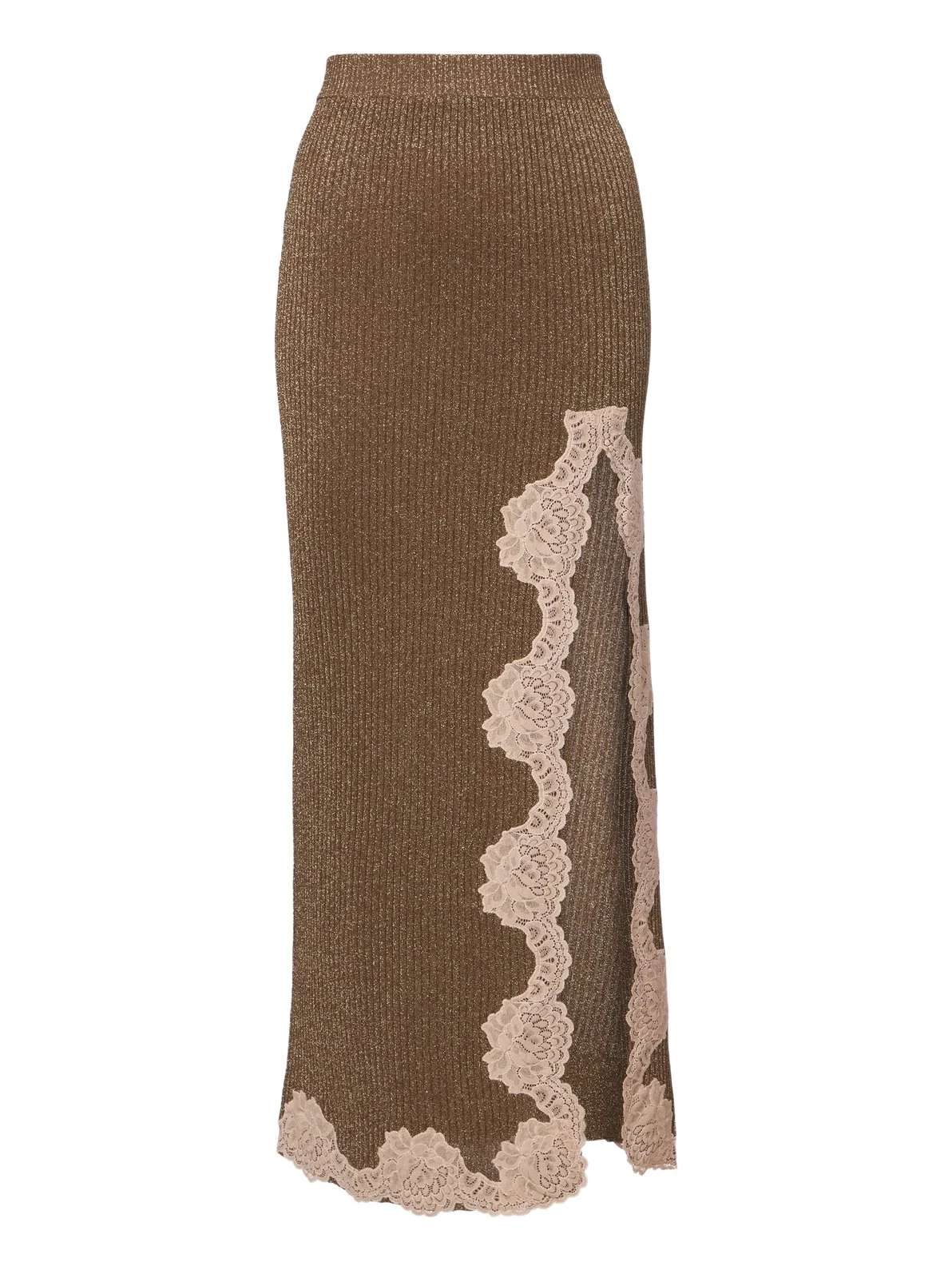 Valentino Garavani Lace-trimmed ribbed-knit lamé midi skirt