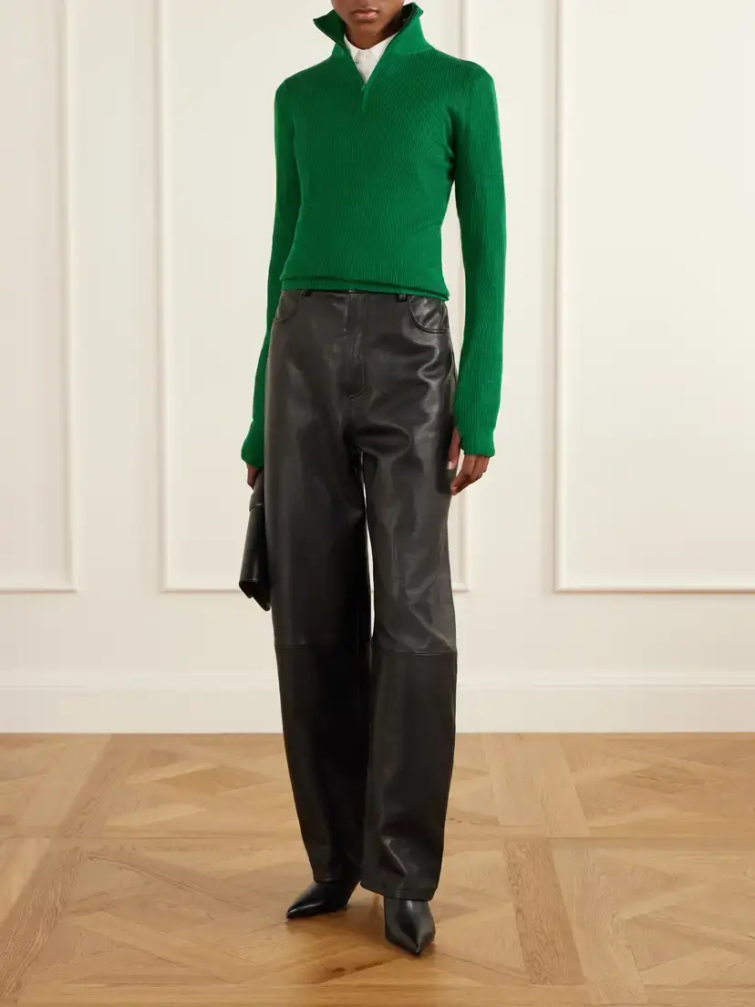 The Frankie Shop Ribbed Half-zip Wool And Silk-blend Sweater - Green | Thumbnail 2 The Frankie Shop Ribbed Half-zip Wool And Silk-blend Sweater - Green | Thumbnail 2