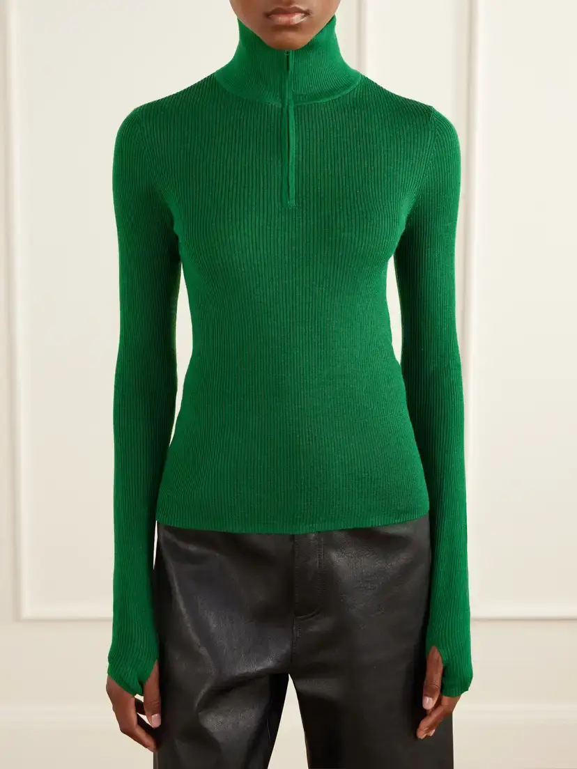 The Frankie Shop Ribbed Half-zip Wool And Silk-blend Sweater - Green | Thumbnail 3 The Frankie Shop Ribbed Half-zip Wool And Silk-blend Sweater - Green | Thumbnail 3