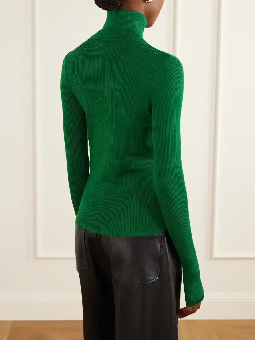 The Frankie Shop Ribbed Half-zip Wool And Silk-blend Sweater - Green | Thumbnail 4 The Frankie Shop Ribbed Half-zip Wool And Silk-blend Sweater - Green | Thumbnail 4