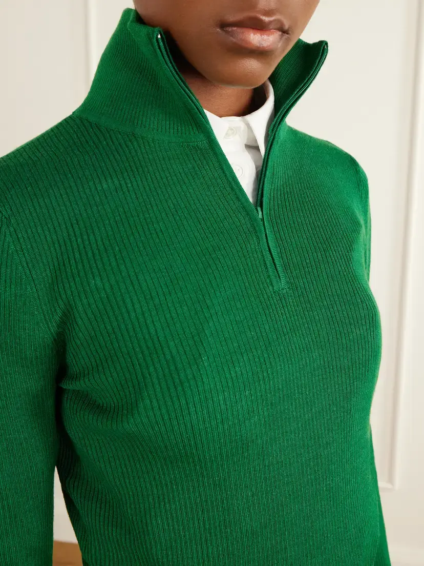 The Frankie Shop Ribbed Half-zip Wool And Silk-blend Sweater - Green | Thumbnail 5 The Frankie Shop Ribbed Half-zip Wool And Silk-blend Sweater - Green | Thumbnail 5
