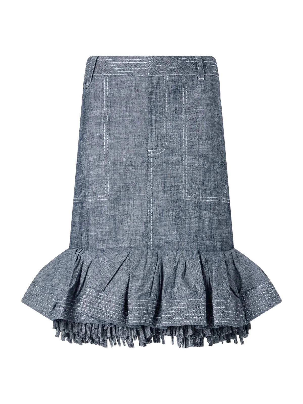 La Jupe Cabana Fringed Ruffled Denim Mid-rise Skirt