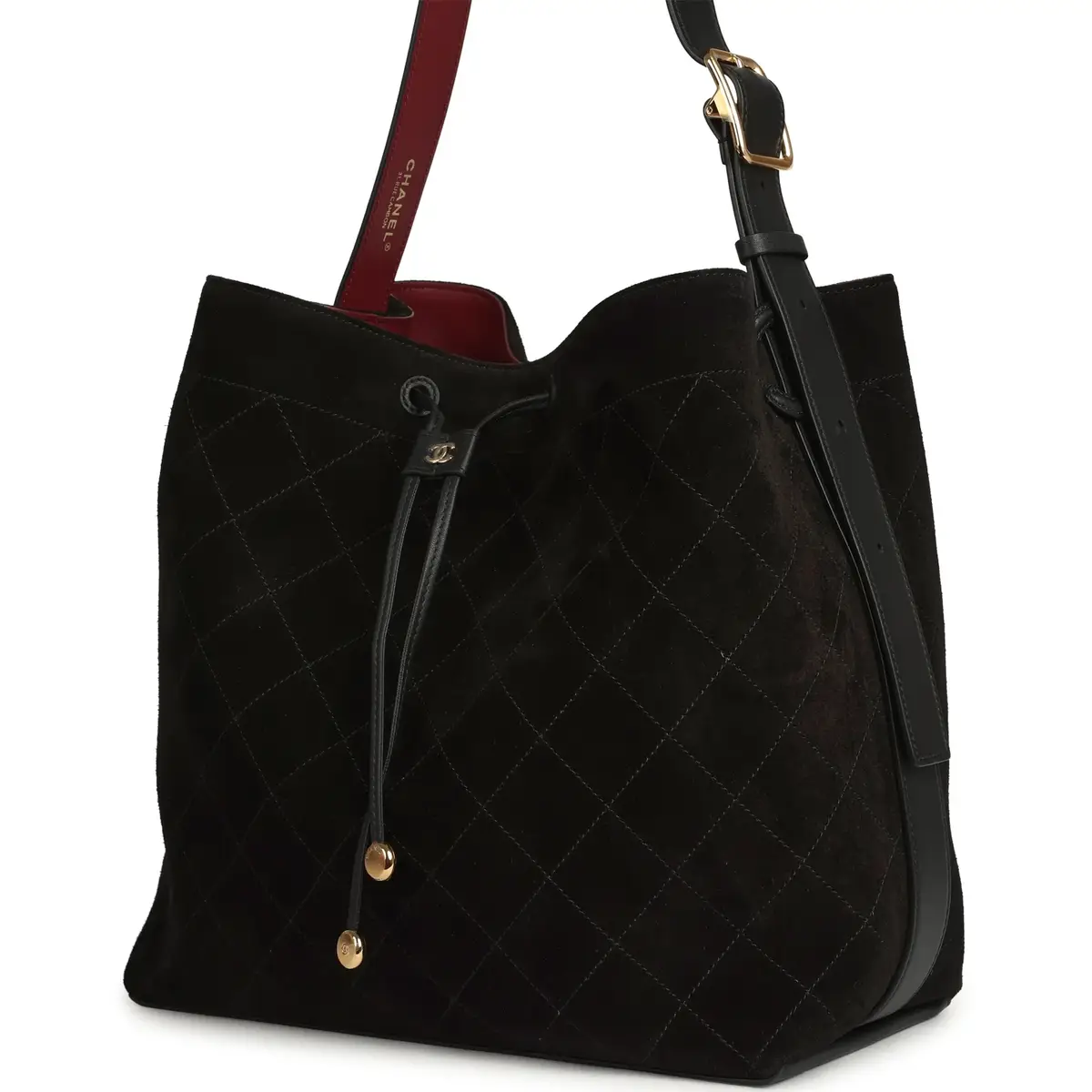 Chanel Chanel Large "CC Loop" Drawstring Bucket Bag with Leather Strap Black Suede Gold Hardware | Thumbnail 6 Chanel Chanel Large "CC Loop" Drawstring Bucket Bag with Leather Strap Black Suede Gold Hardware | Thumbnail 6
