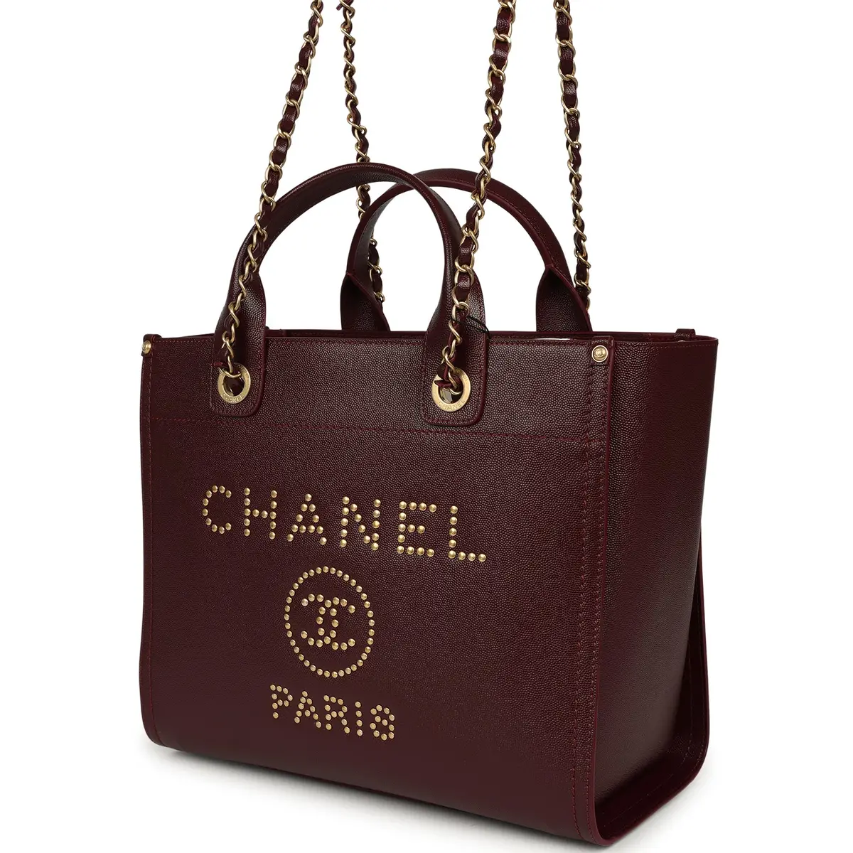 Chanel Chanel Small Studded Deauville Shopping Tote Burgundy Caviar Brushed Gold Hardware | Thumbnail 5 Chanel Chanel Small Studded Deauville Shopping Tote Burgundy Caviar Brushed Gold Hardware | Thumbnail 5