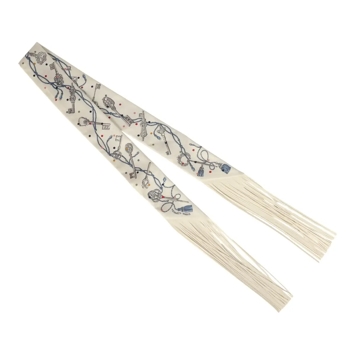 HERMÈS Hermes "Les Cles a Pois" Creme, Gris Perle, Multicolor Fringe Silk | Thumbnail 2 HERMÈS Hermes "Les Cles a Pois" Creme, Gris Perle, Multicolor Fringe Silk | Thumbnail 2