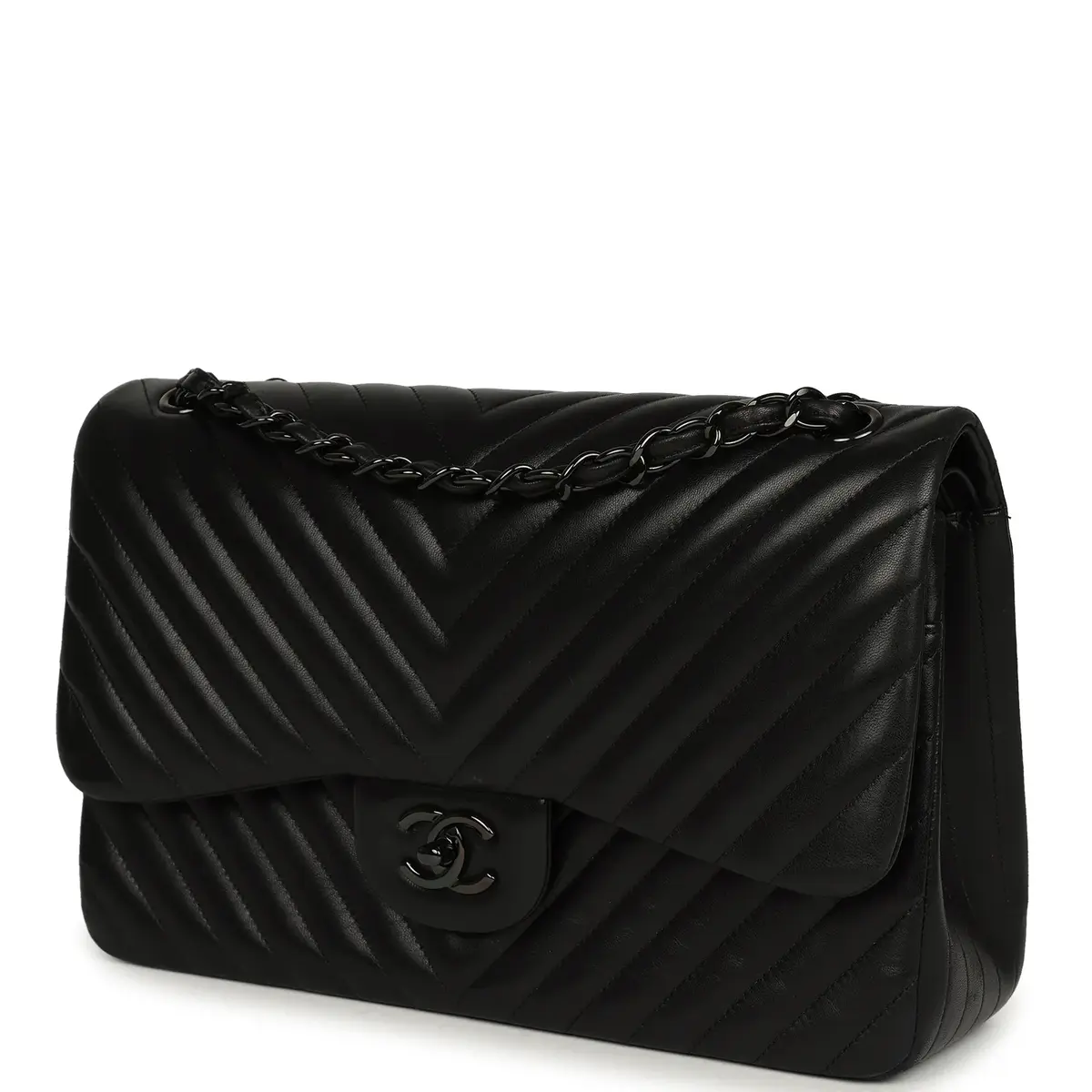 Chanel Pre-owned Chanel Jumbo Classic Chevron Double Flap Bag So Black Lambskin Black Hardware | Thumbnail 5 Chanel Pre-owned Chanel Jumbo Classic Chevron Double Flap Bag So Black Lambskin Black Hardware | Thumbnail 5