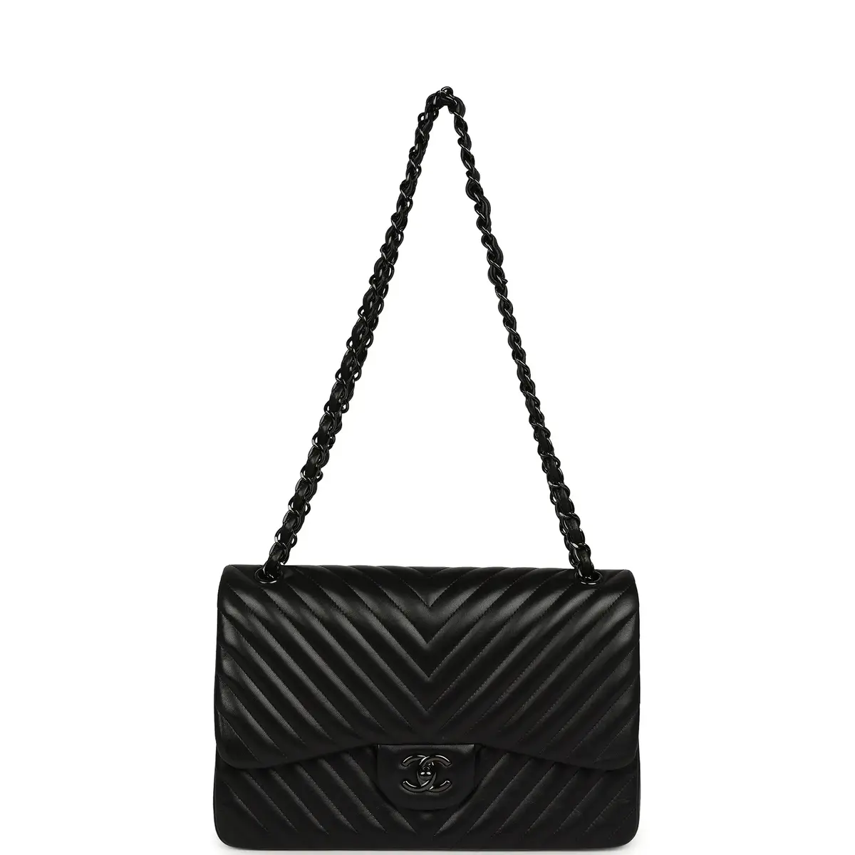Chanel Pre-owned Chanel Jumbo Classic Chevron Double Flap Bag So Black Lambskin Black Hardware | Thumbnail 7 Chanel Pre-owned Chanel Jumbo Classic Chevron Double Flap Bag So Black Lambskin Black Hardware | Thumbnail 7