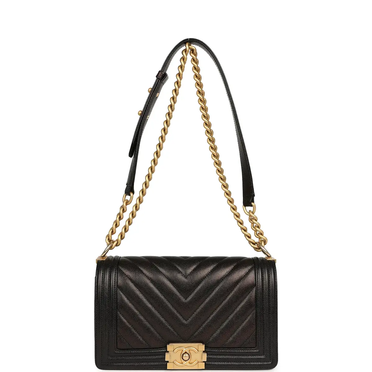 Chanel Pre-owned Chanel Medium Chevron Boy Bag Black Caviar Antique Gold Hardware | Thumbnail 7 Chanel Pre-owned Chanel Medium Chevron Boy Bag Black Caviar Antique Gold Hardware | Thumbnail 7