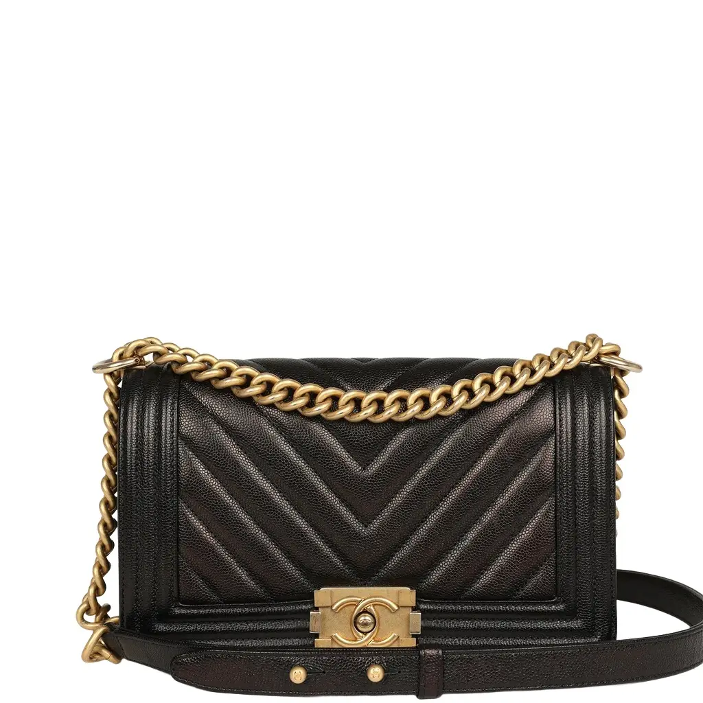 Chanel Pre-owned Chanel Medium Chevron Boy Bag Black Caviar Antique Gold Hardware | Image 1 Chanel Pre-owned Chanel Medium Chevron Boy Bag Black Caviar Antique Gold Hardware | Image 1