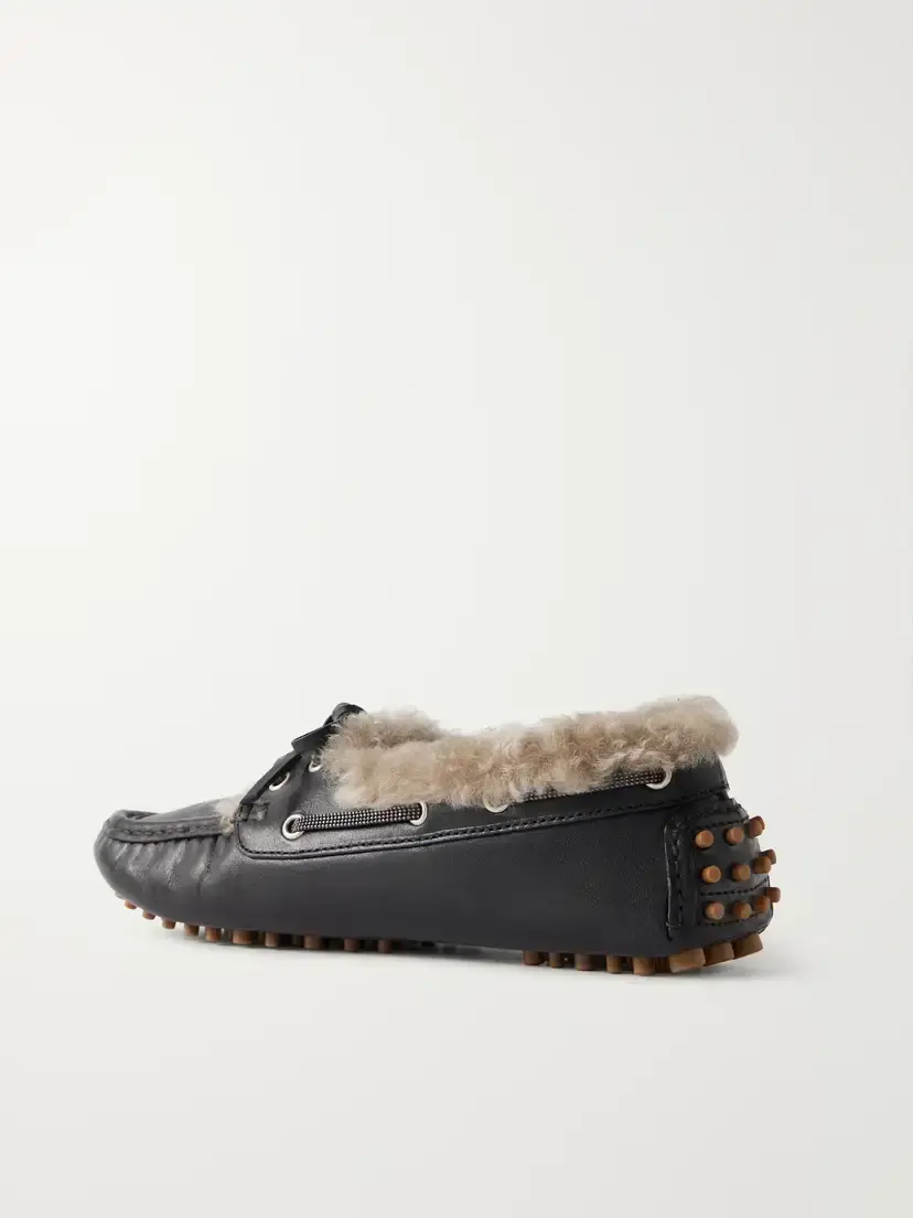 Brunello Cucinelli Bead-embellished Shearling-lined Leather Boat Shoes | Thumbnail 3 Brunello Cucinelli Bead-embellished Shearling-lined Leather Boat Shoes | Thumbnail 3