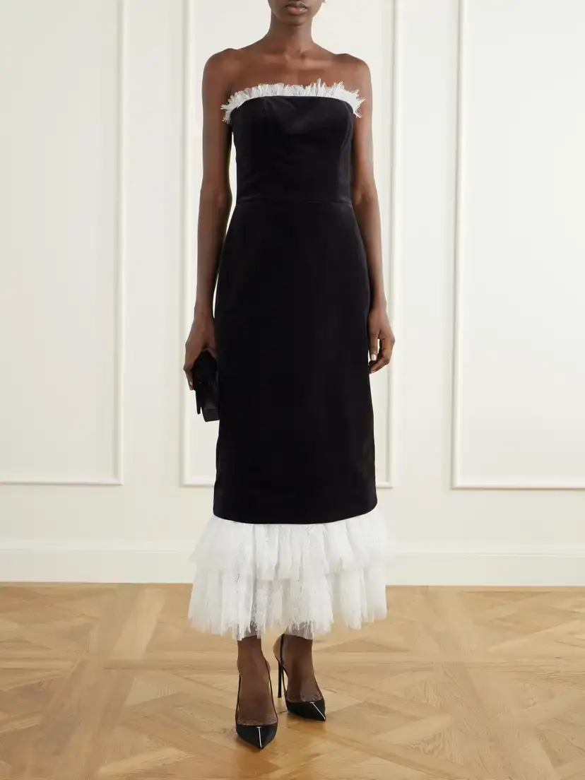 Costarellos Isabetta Strapless Tulle And Lace-trimmed Cotton-velvet Midi Dress | Thumbnail 2 Costarellos Isabetta Strapless Tulle And Lace-trimmed Cotton-velvet Midi Dress | Thumbnail 2