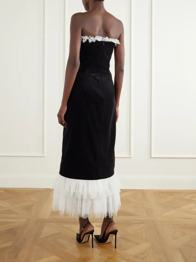 Costarellos Isabetta Strapless Tulle And Lace-trimmed Cotton-velvet Midi Dress | Thumbnail 3 Costarellos Isabetta Strapless Tulle And Lace-trimmed Cotton-velvet Midi Dress | Thumbnail 3