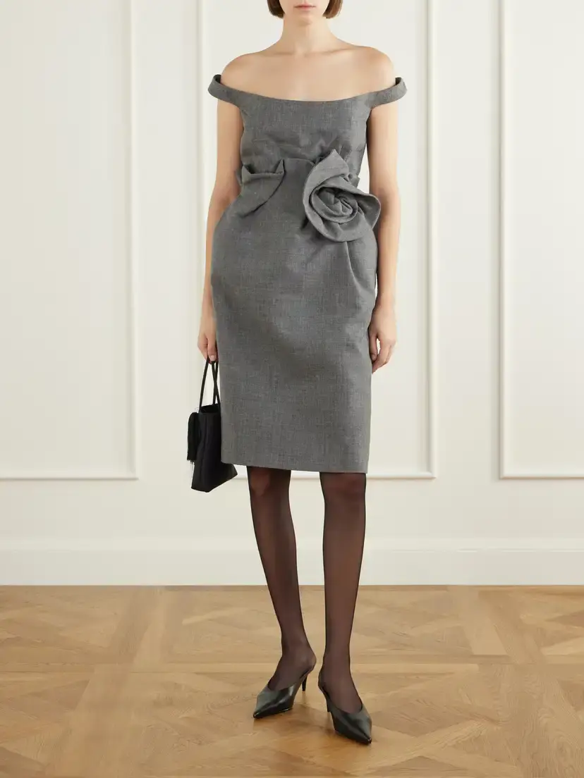 Magda Butrym Floral-appliquéd Off-the-shoulder Wool And Silk-blend Midi Dress | Thumbnail 2 Magda Butrym Floral-appliquéd Off-the-shoulder Wool And Silk-blend Midi Dress | Thumbnail 2
