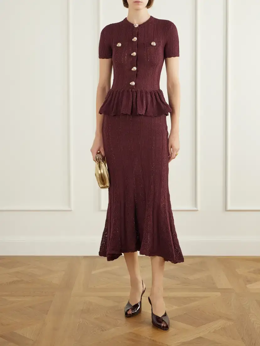 Self-Portrait Button-embellished Peplum Cotton Midi Dress | Thumbnail 2 Self-Portrait Button-embellished Peplum Cotton Midi Dress | Thumbnail 2
