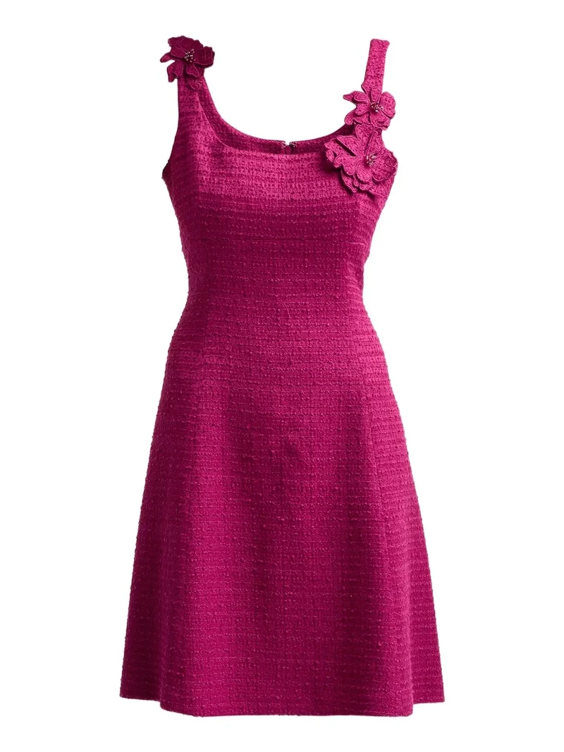 Teri Jon by Rickie Freeman 3D Flower Appliqué Bouclé Tweed A-Line Mini Dress
