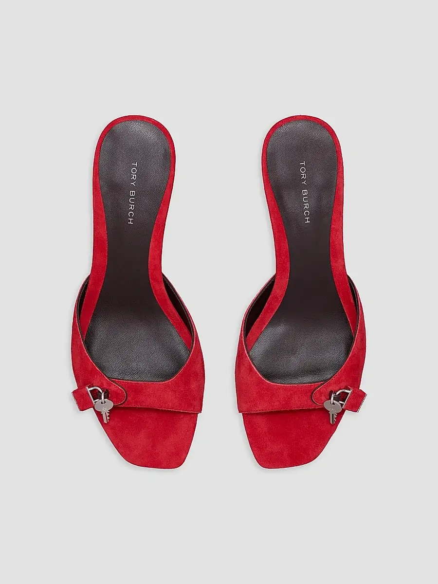 Tory Burch Women's Lock 55MM Suede Kitten-Heel Sandals | Thumbnail 3