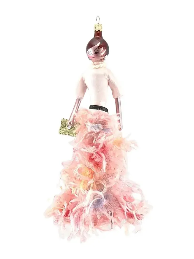 De Carlini Soffieria Fashionista In Feather Skirt Glass Ornament