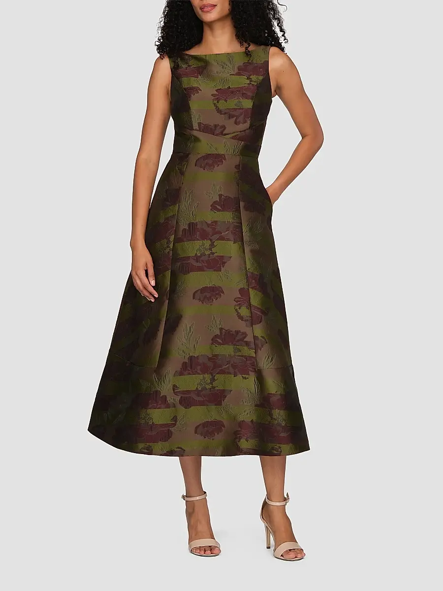 Kay Unger Women's Camilla Floral Stripe Tea-Length Gown | Thumbnail 2 Kay Unger Women's Camilla Floral Stripe Tea-Length Gown | Thumbnail 2