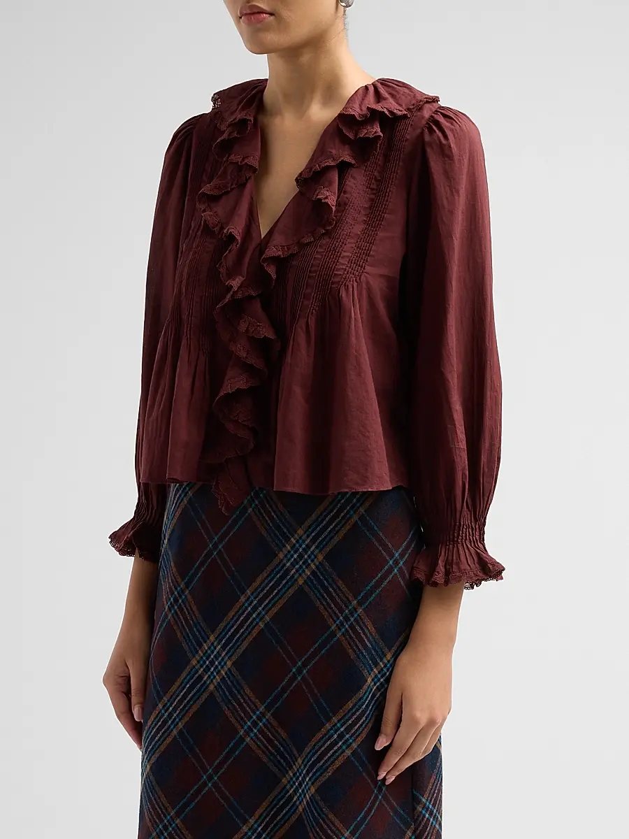 DÔEN Women's Hardy Pintuck Cotton Ruffle V-Neck Blouse | Thumbnail 4