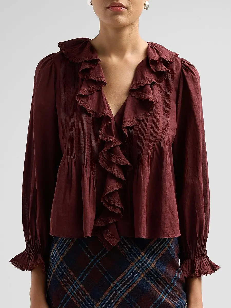 DÔEN Women's Hardy Pintuck Cotton Ruffle V-Neck Blouse | Thumbnail 5
