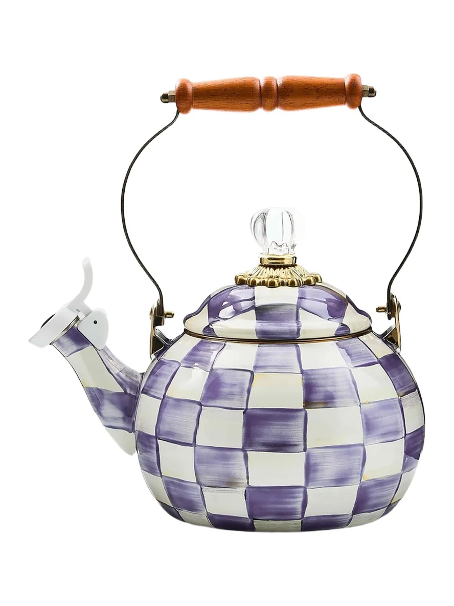 MacKenzie-Childs Violet Check Whistling 2-Quart Tea Kettle
