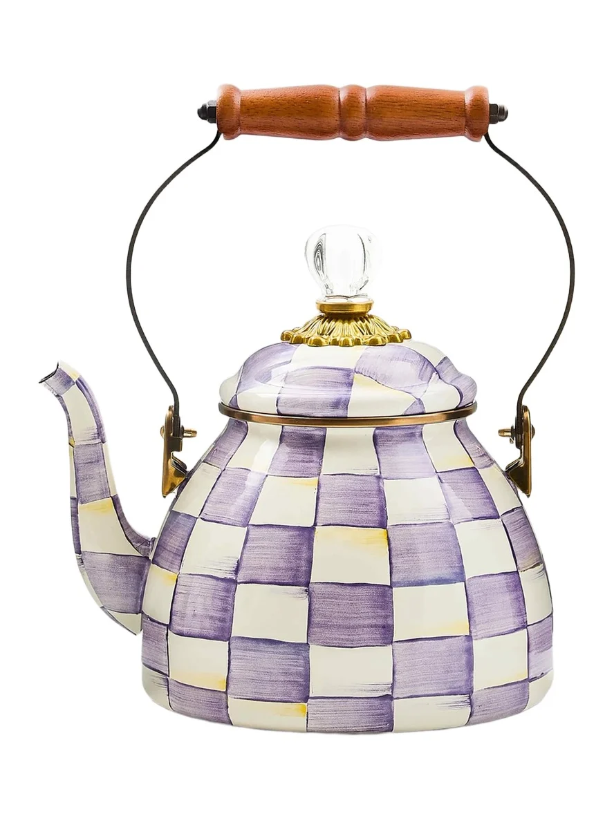 MacKenzie-Childs Violet Check Enamel 2-Quart Tea Kettle
