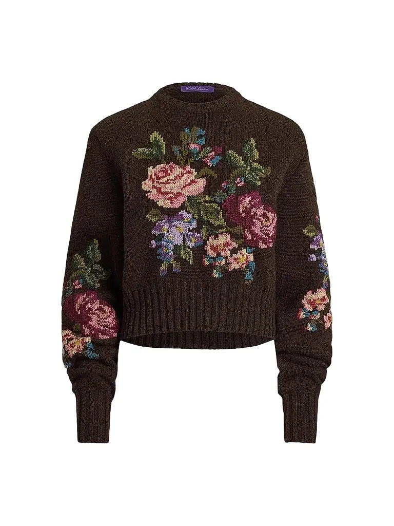 Women's Floral-Embroidered Cashmere Crewneck Sweater Women's Floral-Embroidered Cashmere Crewneck Sweater